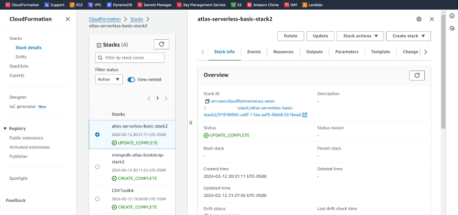 The image is a screenshot of the AWS Management Console, specifically within the AWS CloudFormation service. The focus of the screenshot is on a particular CloudFormation stack named "atlas-serverless-basic-stack2".