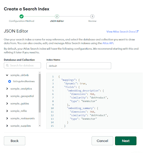 Configuração de índice concluída no formato JSON
