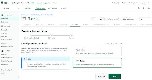 Visão geral da funcionalidade do Editor JSON no painel Configuração da Atlas Search para o MongoDB Atlas