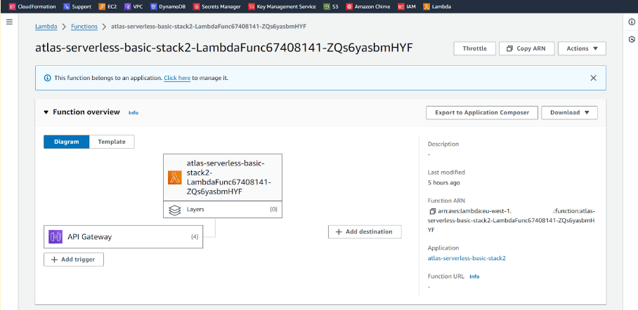 The image is a screenshot of the AWS Management Console, specifically within the AWS CloudFormation service. The focus of the screenshot is on a particular CloudFormation stack named "atlas-serverless-basic-stack2".