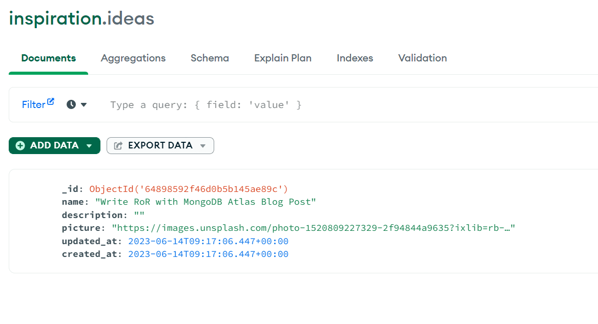 Screenshot of MongoDB Compass showing the new idea is stored