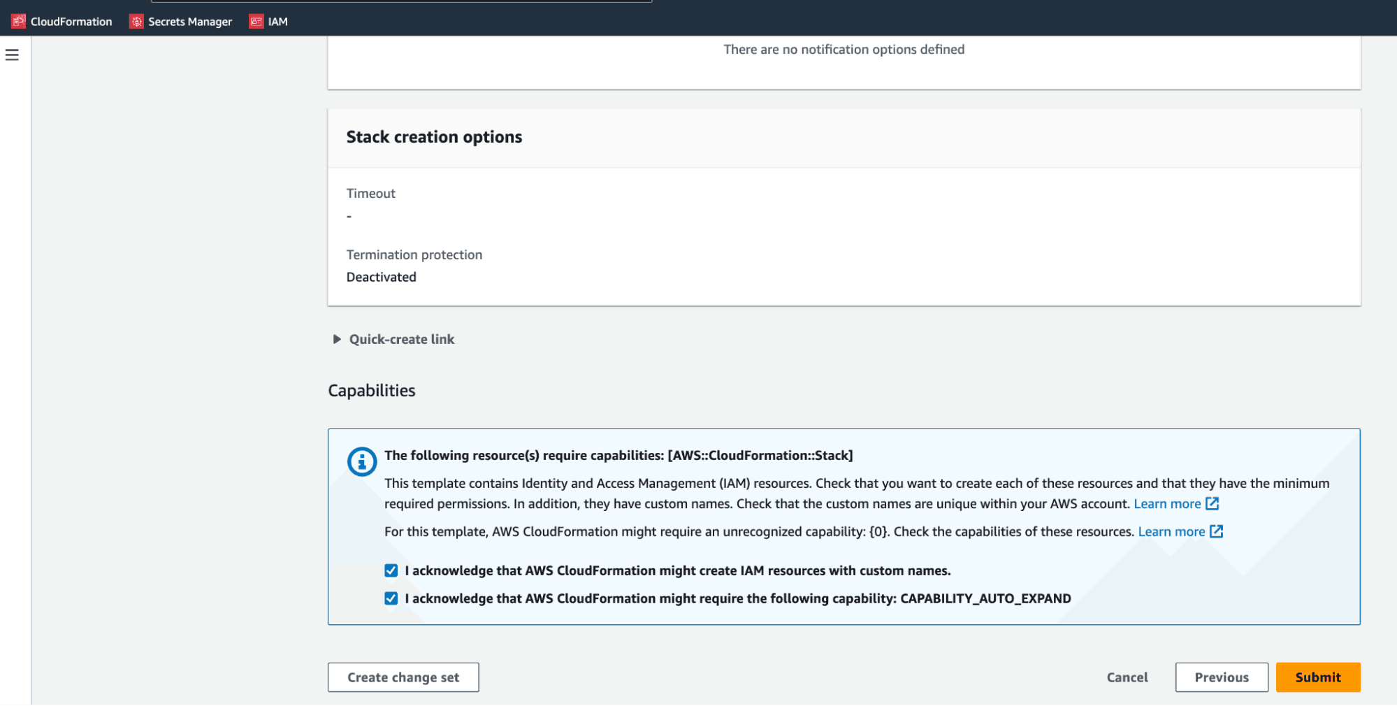 The last page of the “Create Stack” interface. Acknowledgements are highlighted in blue and two boxes are checked.
