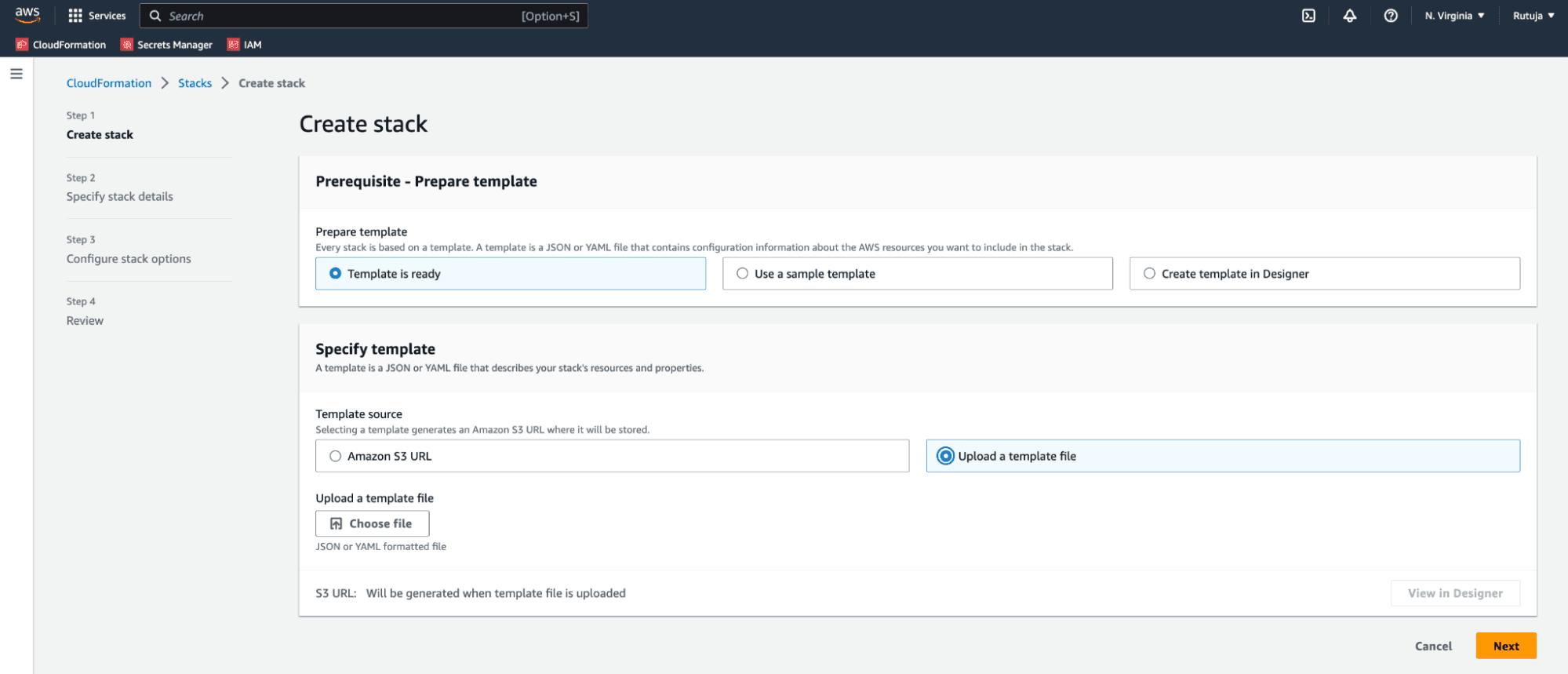 Interface in CloudFormation where user creates a stack. Options for “Template is ready” and “Upload a template file” are highlighted in blue.