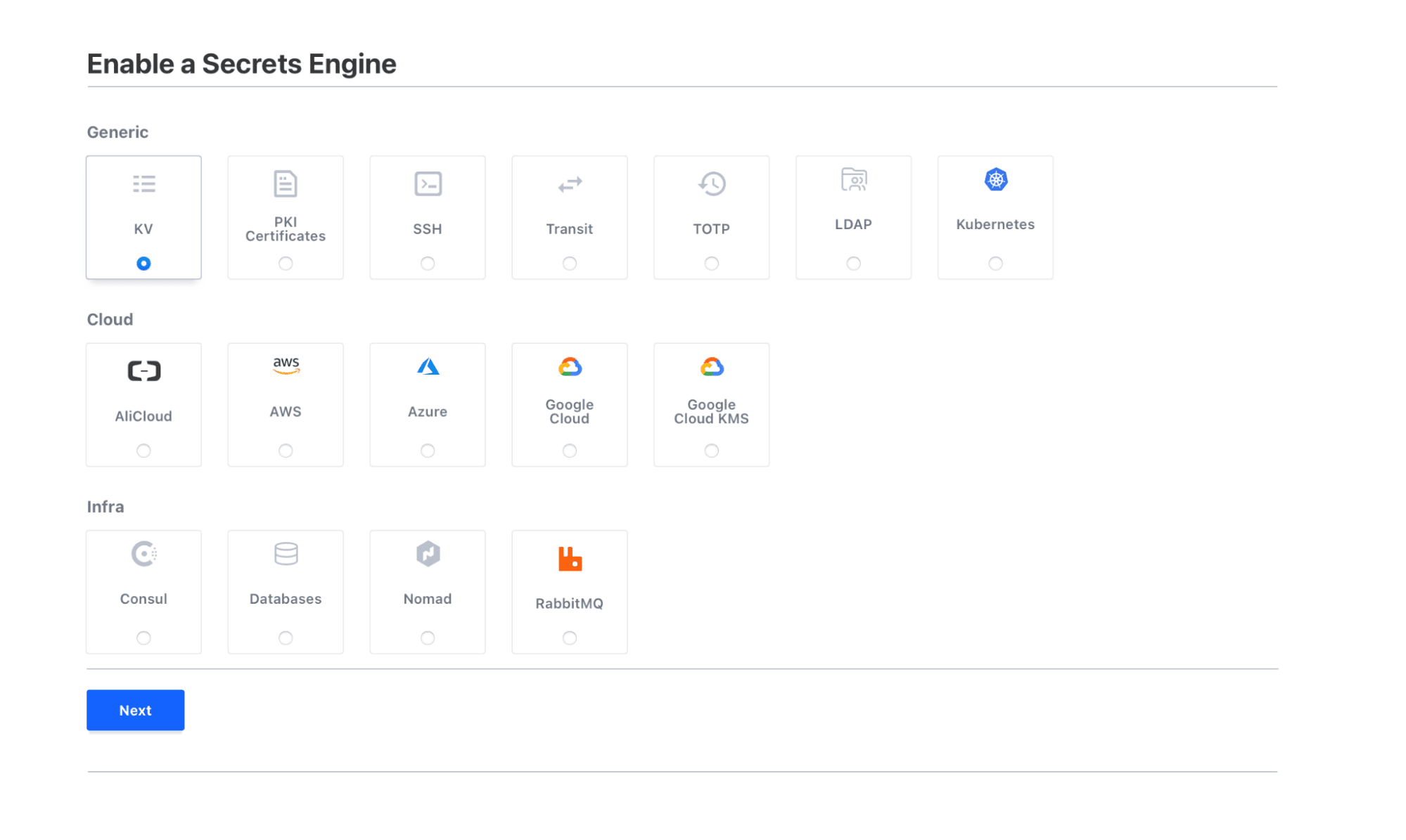 Secrets engine selection screen