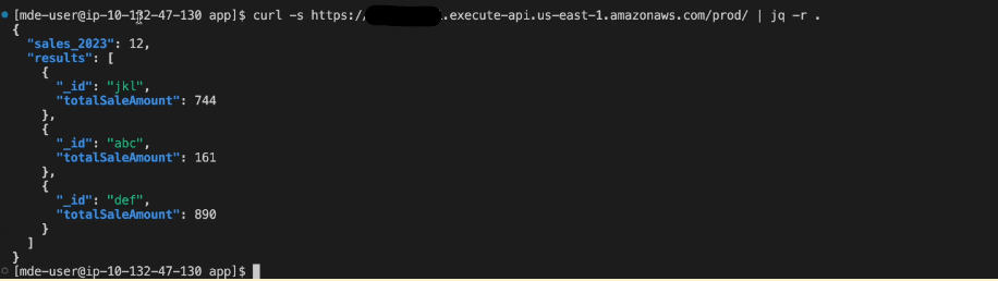 The image is of a terminal screen showing the use of ‘curl’ command to make a request to an AWS Lambda function via a provided API endpoint. The ‘curl’ command is using the -s flag for silent mode, which means it won't show progress or error messages. The output of the curl command is being piped into ‘jq’, which is a lightweight and flexible command-line JSON processor. The ‘jq’ command is used with the -r flag to output raw strings, not JSON-quoted strings.