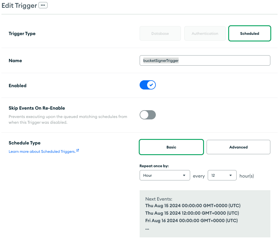 Um formulário de criação com "Trigger Type " definido como "scheduled, " "scheduled Type " definido como "basic, " e "Report once by " definido como "Hour every 12 hours "