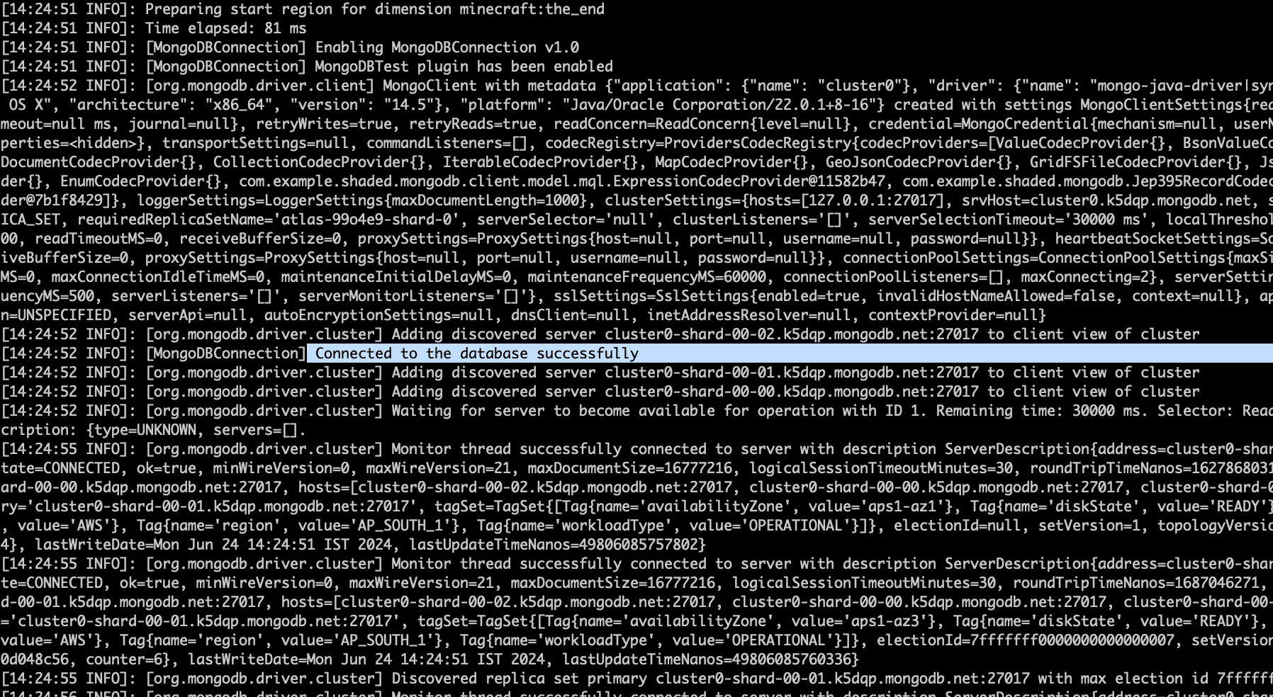 Captura de tela demonstrando que a conexão com o MongoDB foi bem-sucedida