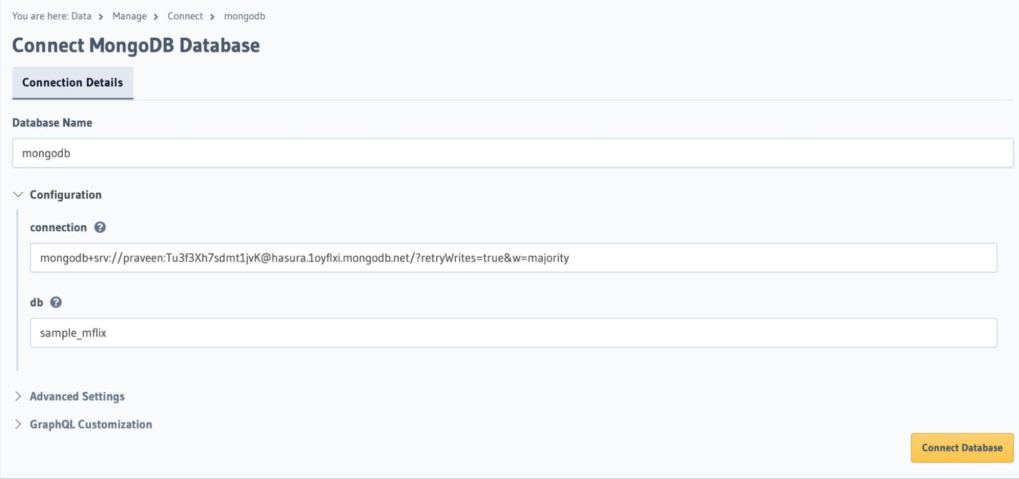Conectar MongoDB database no Console Hasura