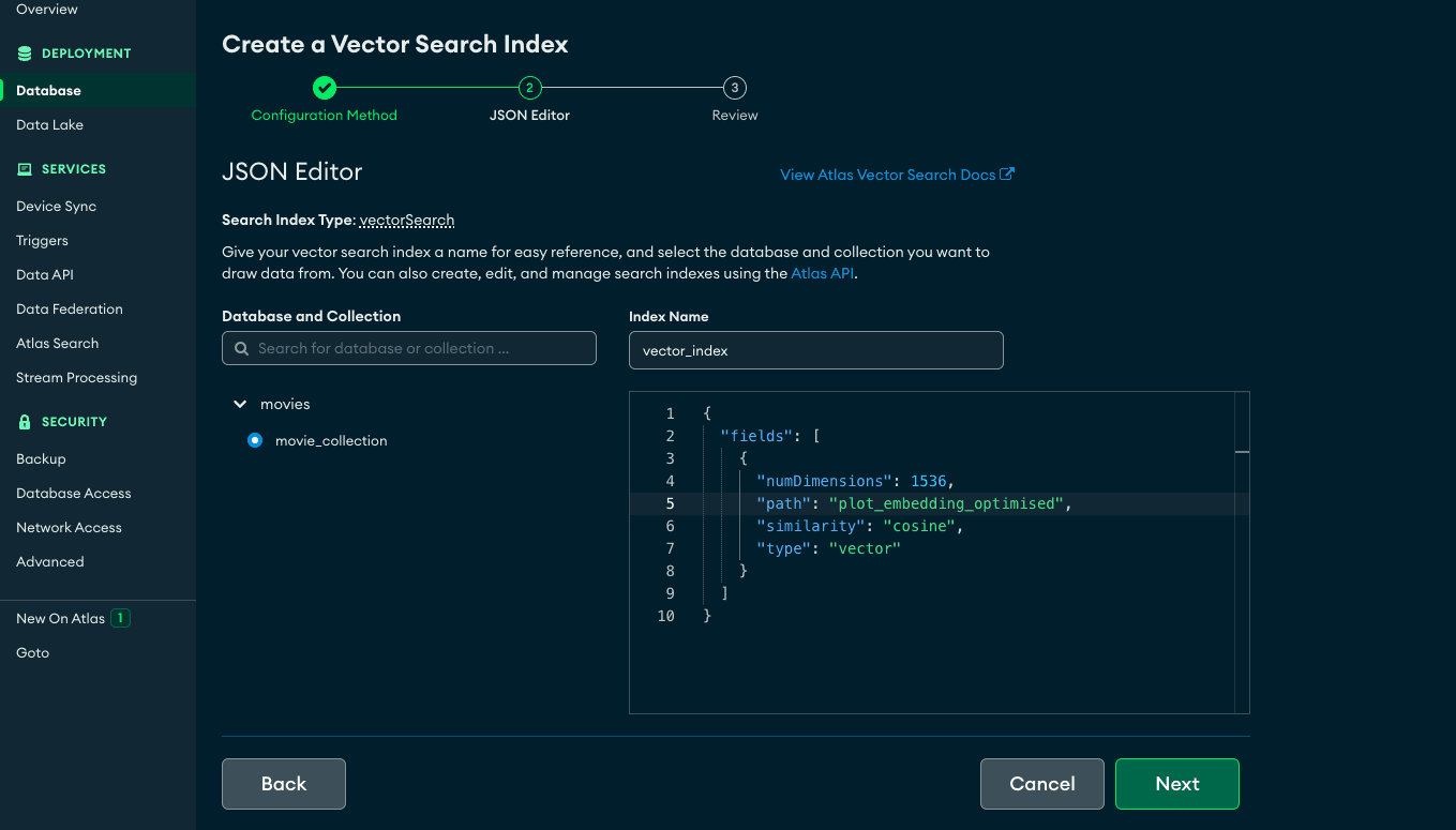 JSON Editor to define vector search index