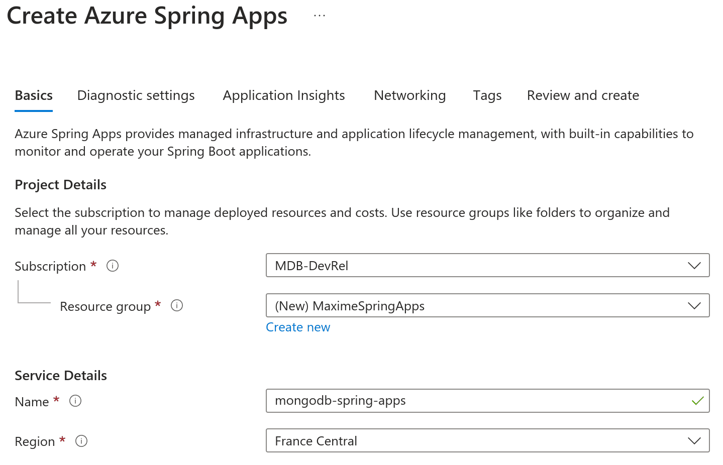 Basics to create an Azure Spring App