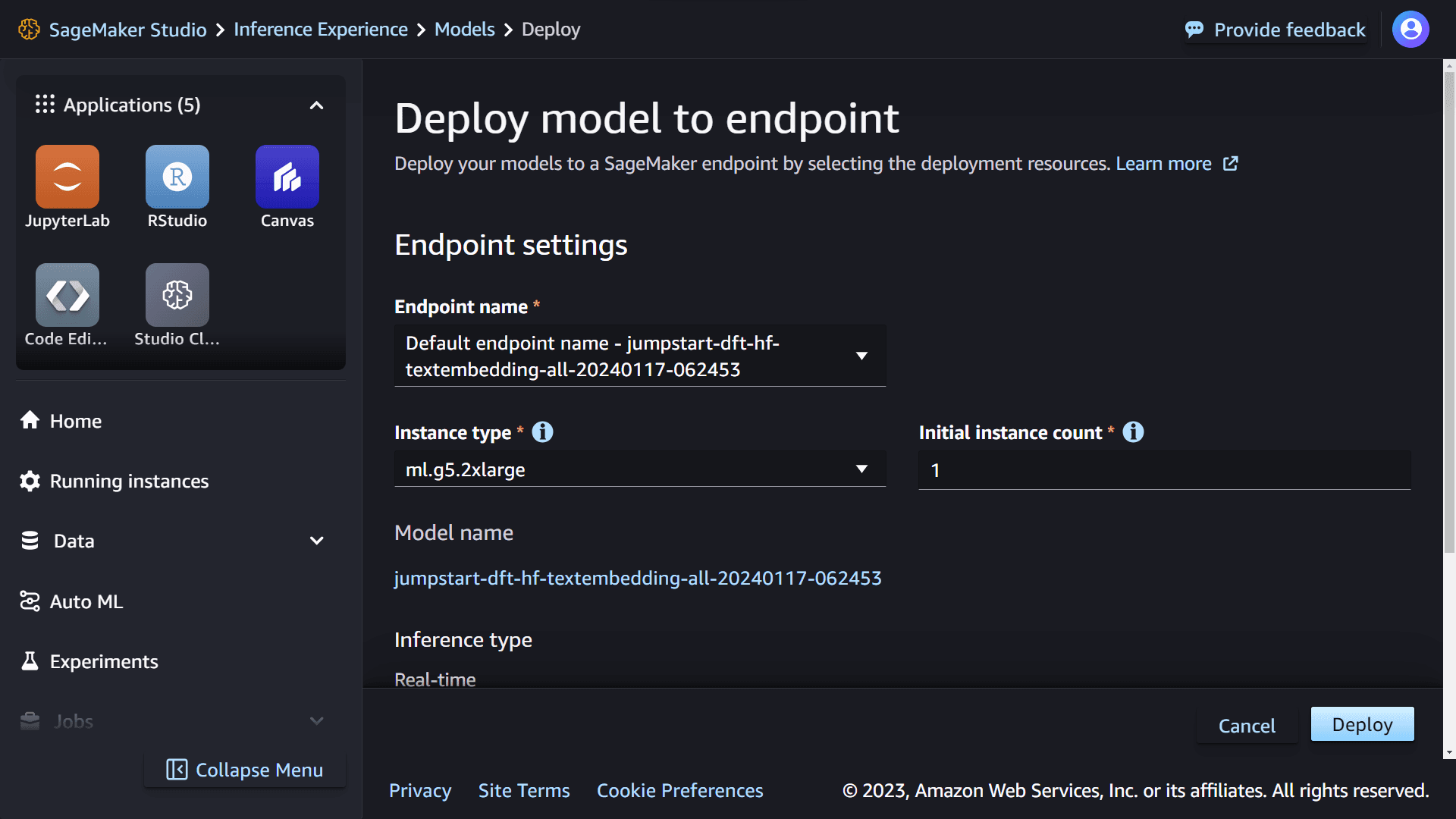 Model deployment settings