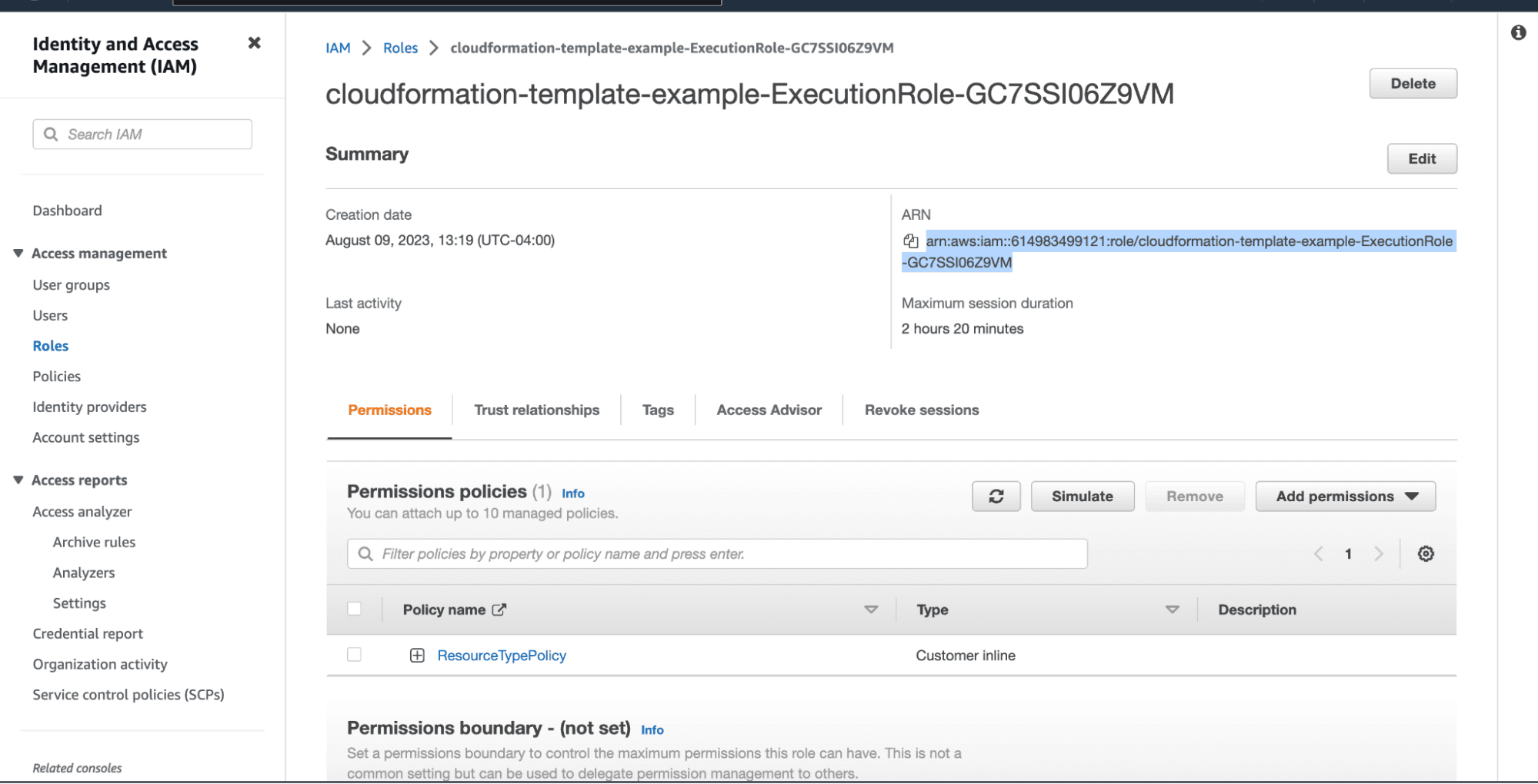 The Identity and Access Management interface where the ARN is highlighted in blue.