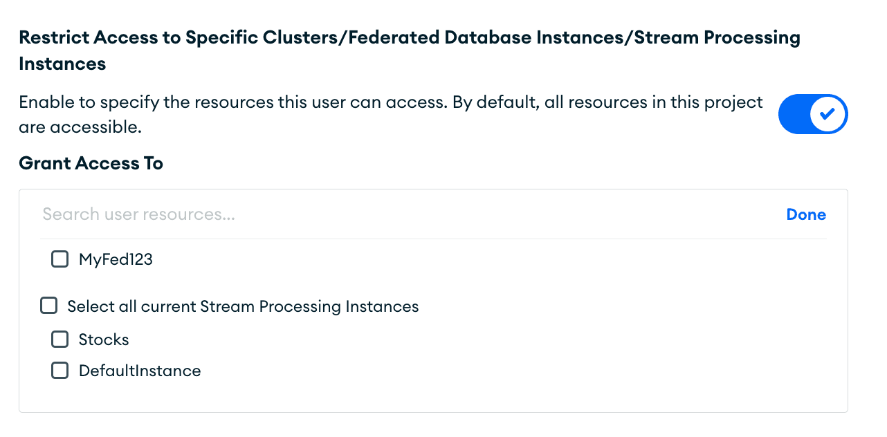 Restringir o acesso não selecionando SPIs no Atlas Stream Processing