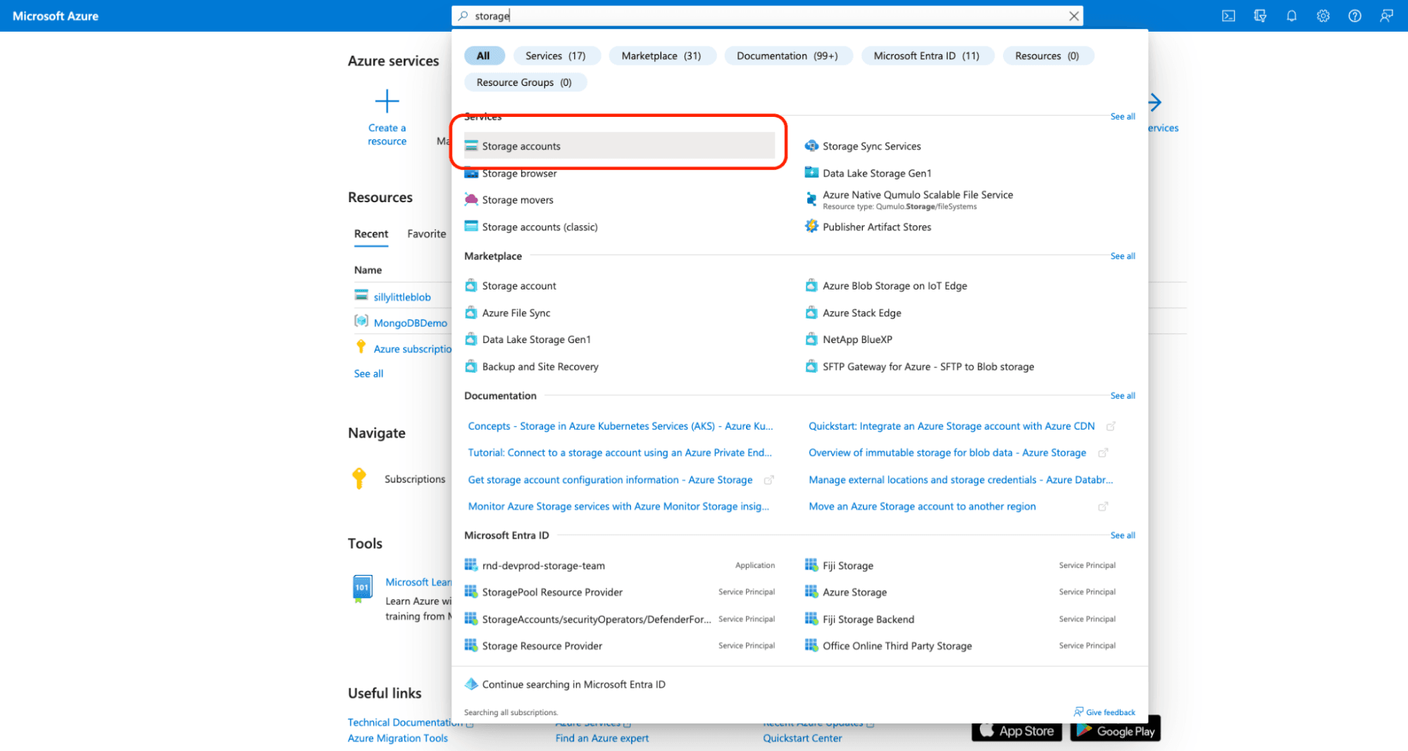 Microsoft portal dashboard showing Storage accounts option
