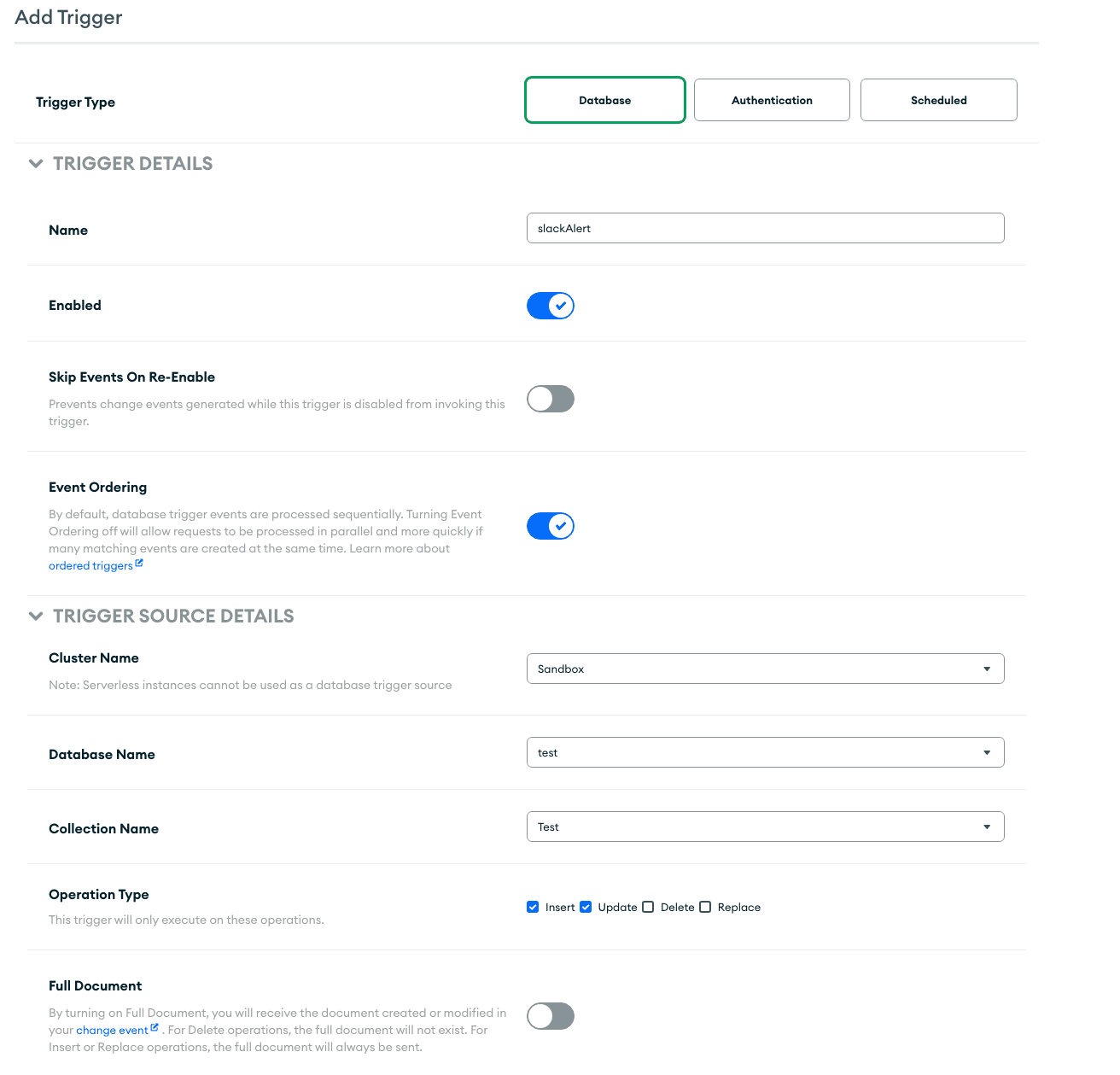 Screenshot of the triggers UI view