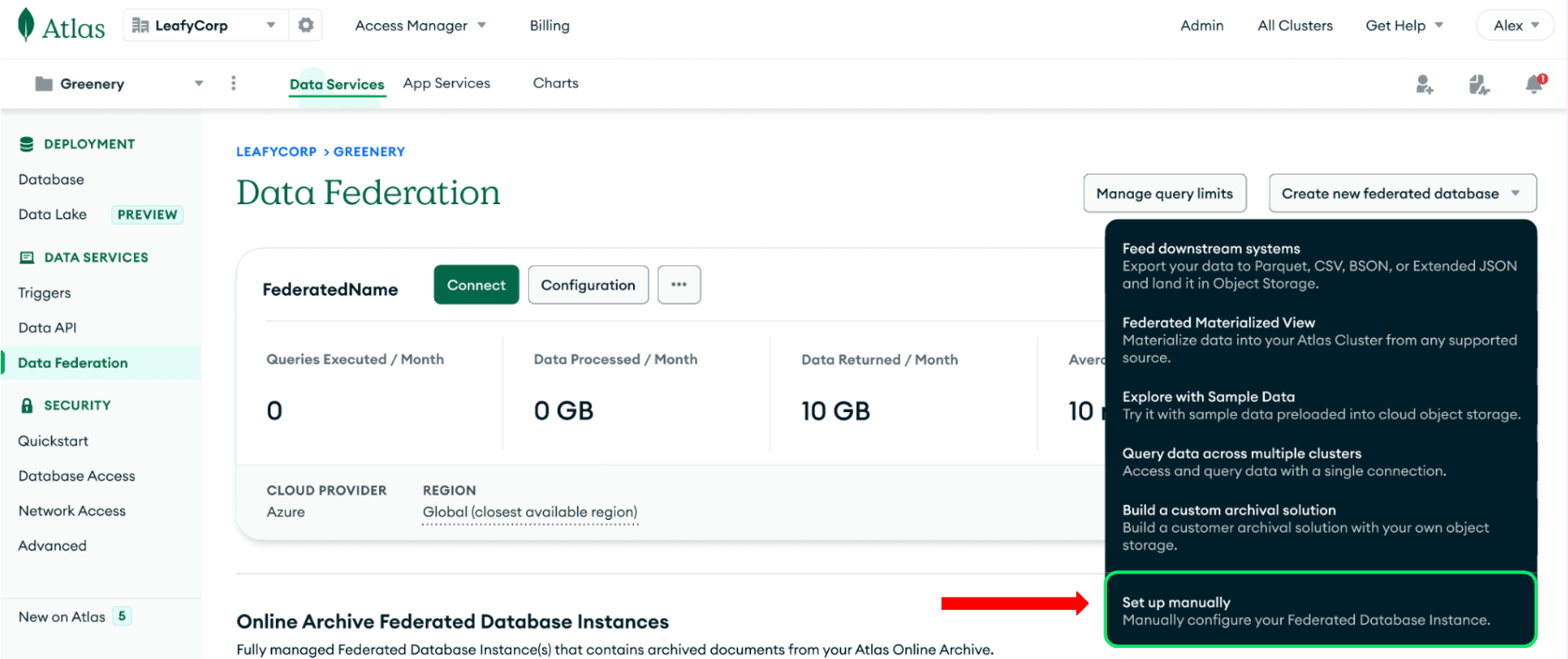 MongoDB Atlas Data Lake overview page with a red box highlighting the Create Data Lake button