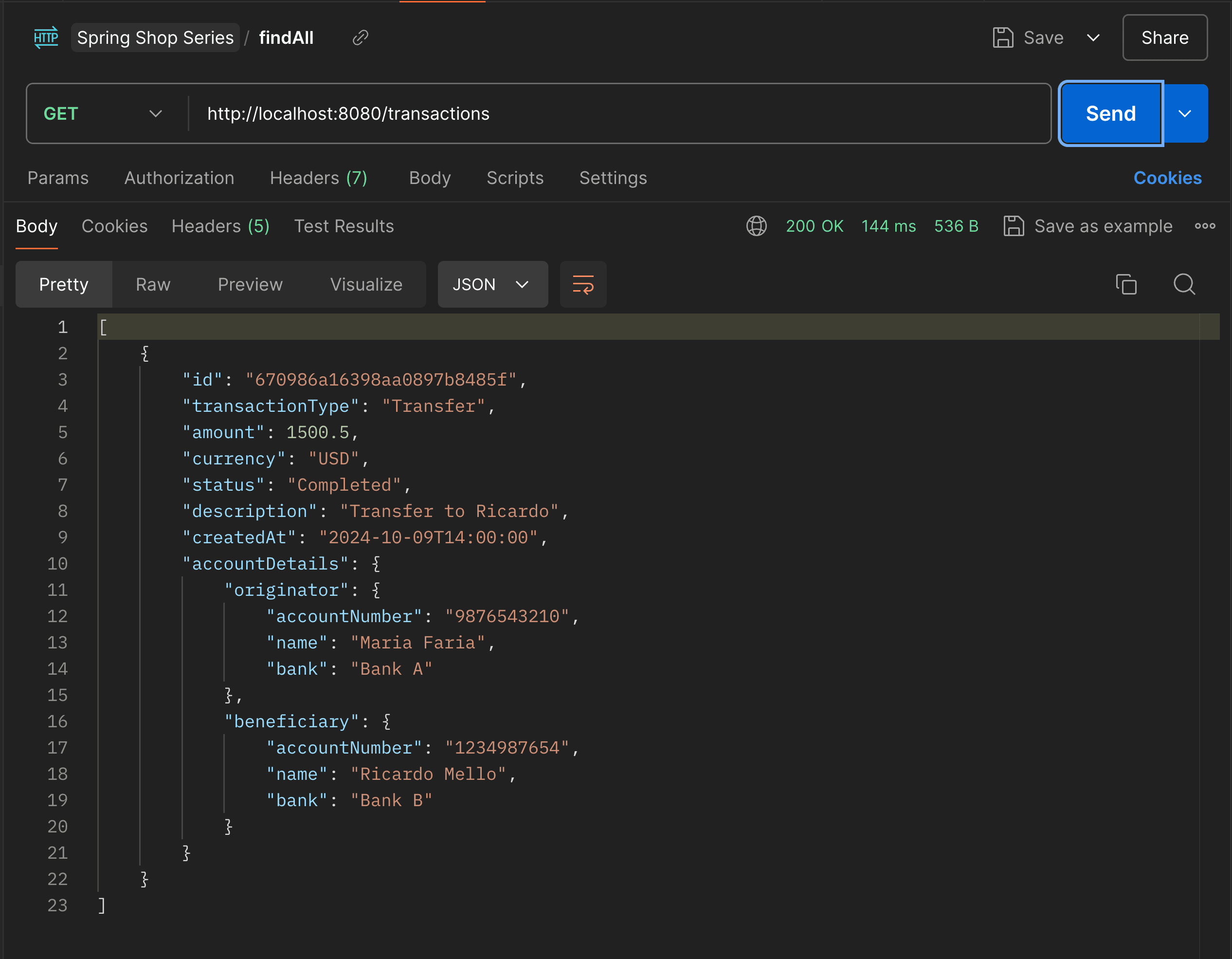 Postman transaction endpoint