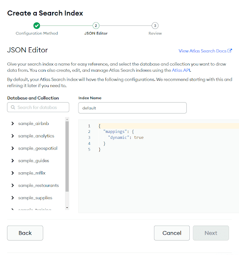 Configurando um índice especificando parâmetros no formato JSON