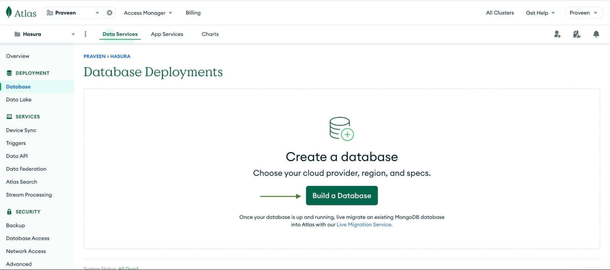 Construa um botão de banco de dados Mongo Atlas