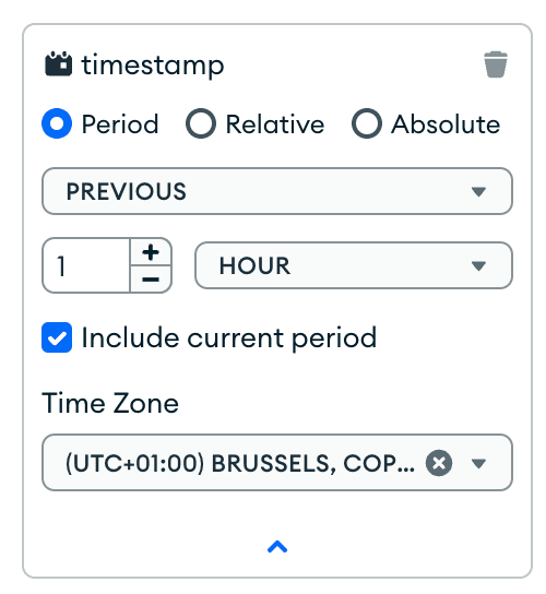Filter by timestamp on previous 1 hour period including current period and custom time zone