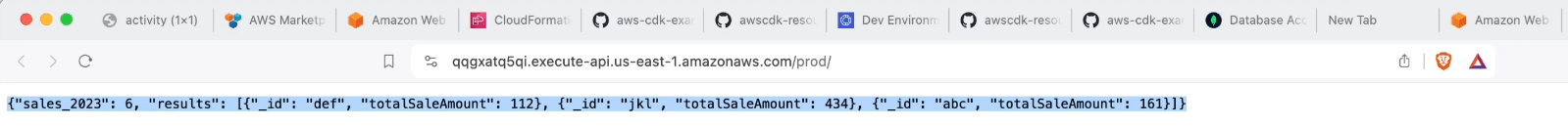 The image shows the output of an AWS Lambda function when accessed via a REST API endpoint from the browser. The output is in JSON format and shows a key named "sales_2023" with a value of 6, indicating there are 6 sales records for the year 2023. Under the "results" key, there are multiple objects each with an "id" and "totalSaleAmount