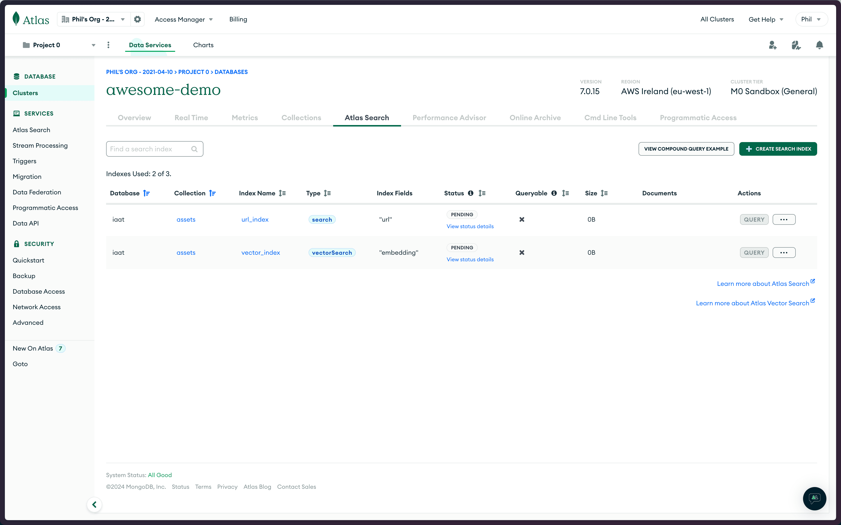 Índices do Atlas Search do painel do MongoDB Atlas