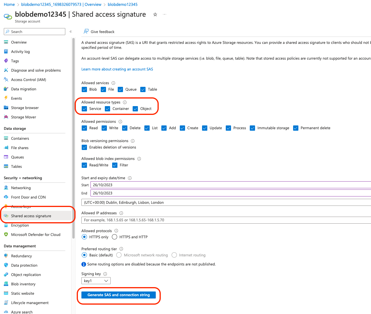 Microsoft portal storage account screen displaying the shared access signature page and where to locate the generate SAS and connection string