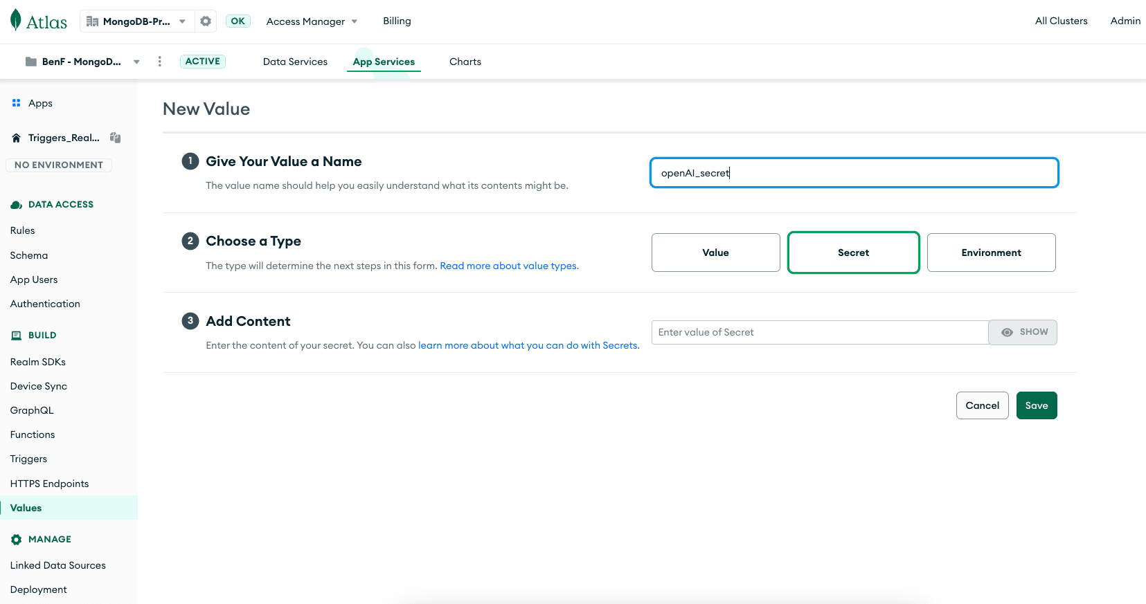 Setting a name for a Secret in App Services Values