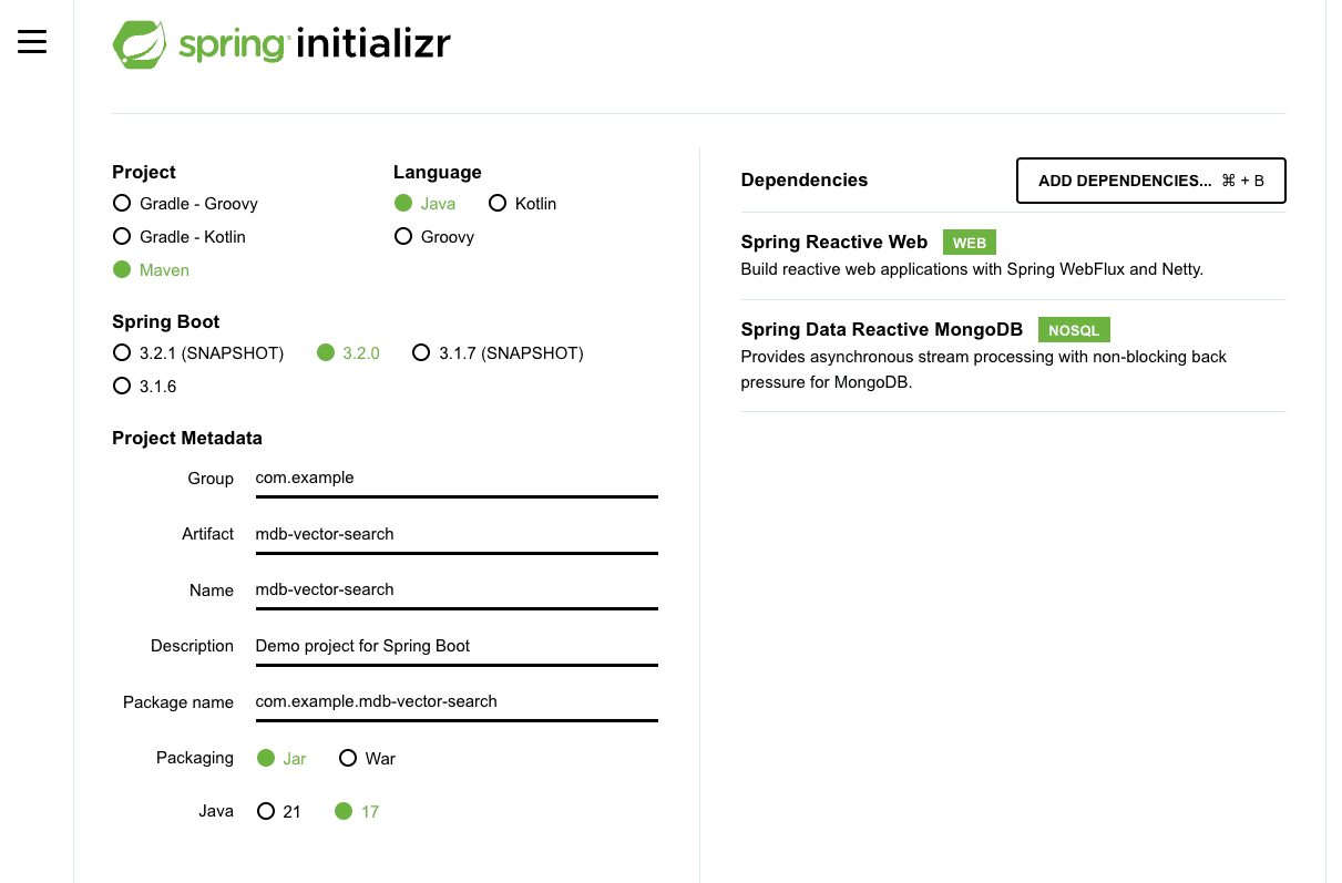 Spring Initializr configuration screen.