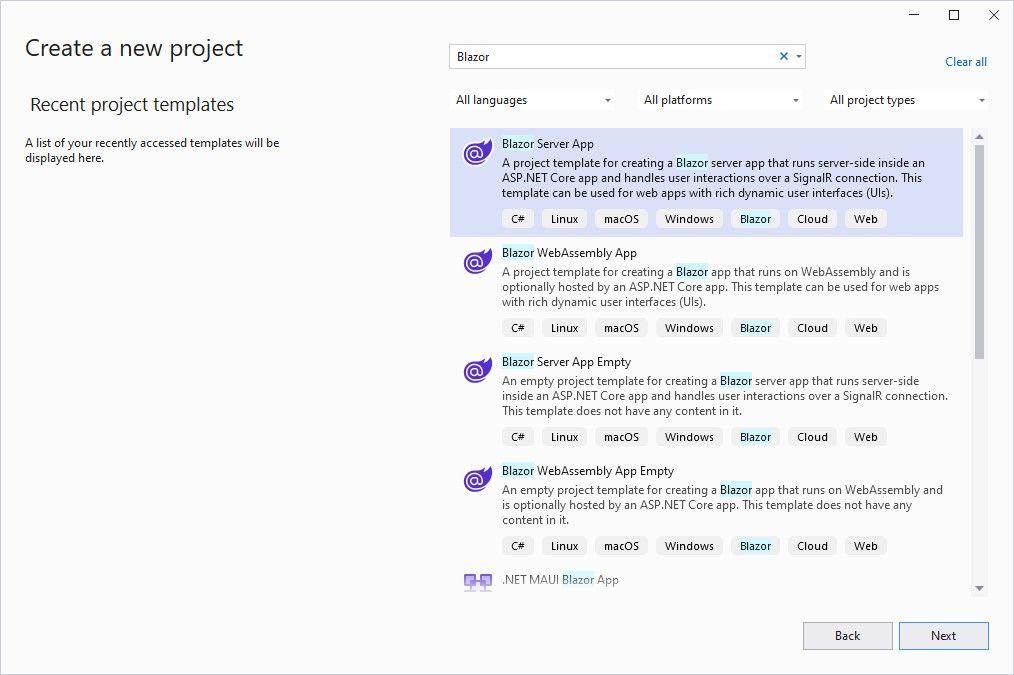 Project template list in Visual Studio