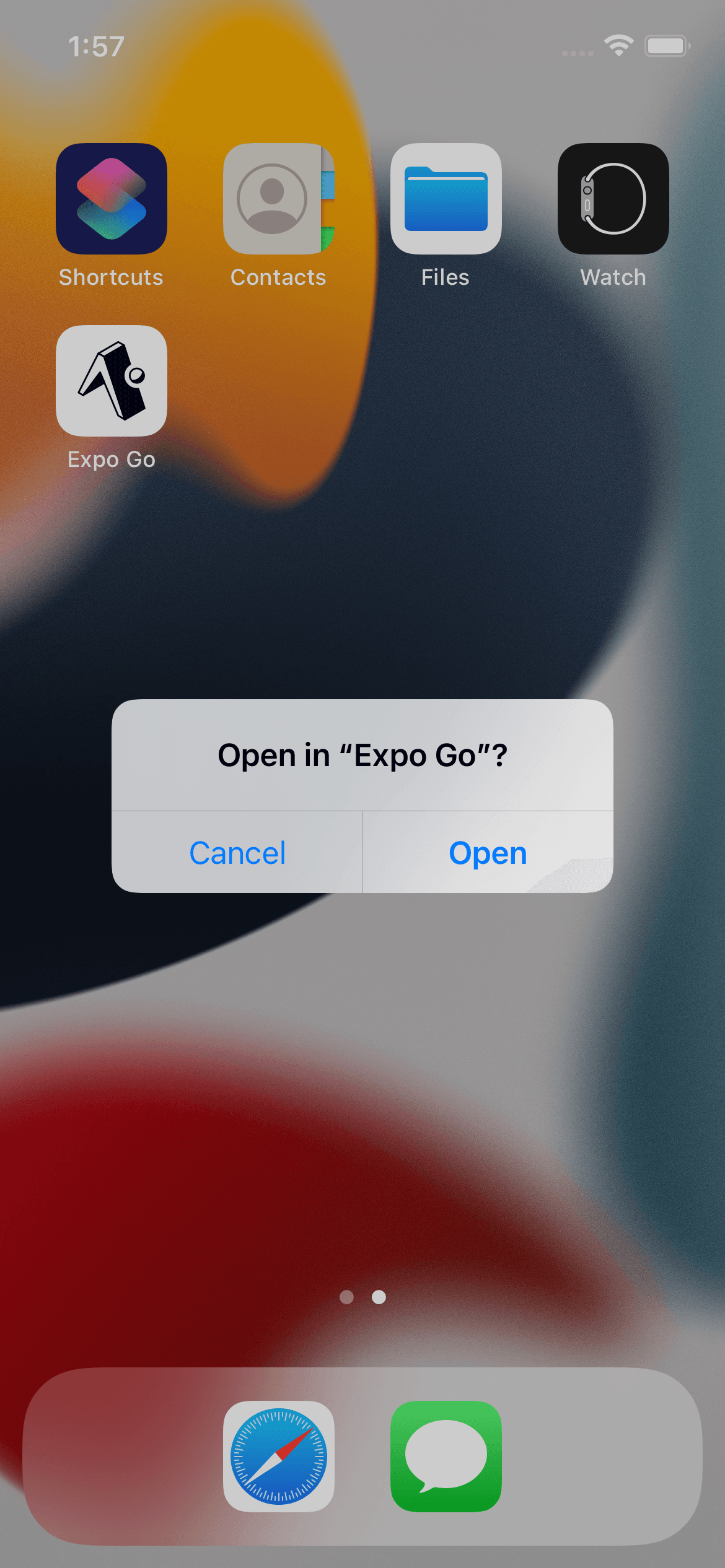 before running inside the iOS Simulator, we get a confirmation “Open in Expo Go?