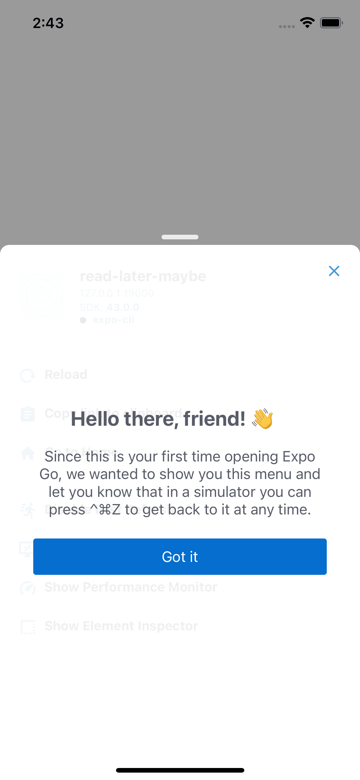1st time we open the app in Expo, we get a welcome message “Hello there, friend”