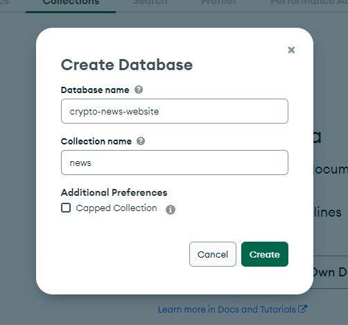 Create Database pop-up
