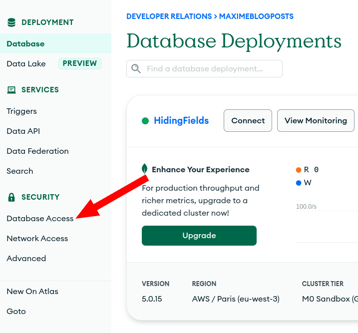 Database access tab in Atlas