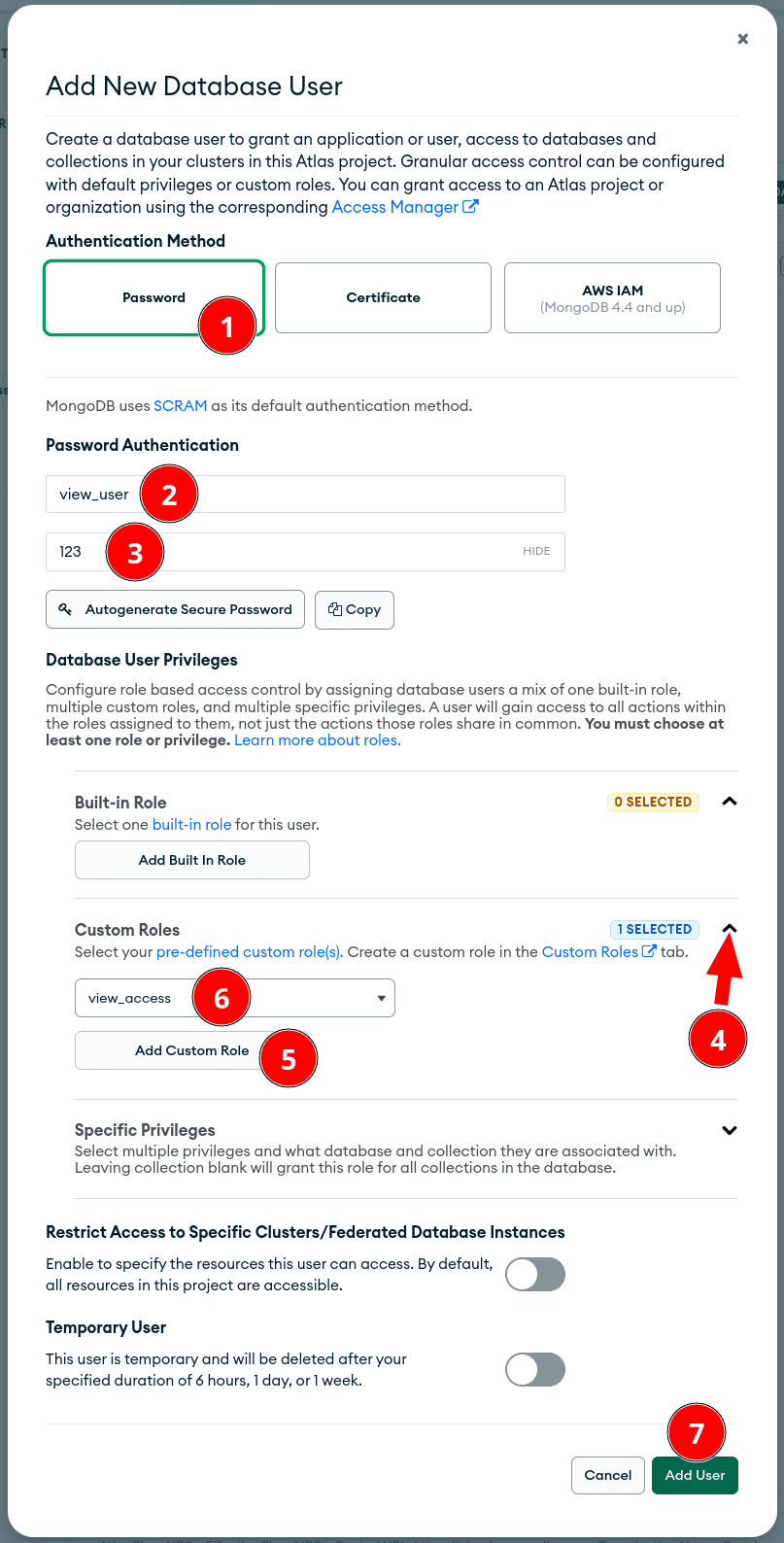 Create a user in Atlas with a custom role