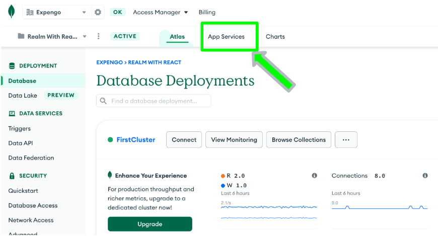 Database Deployments screen highlighting App Services tab