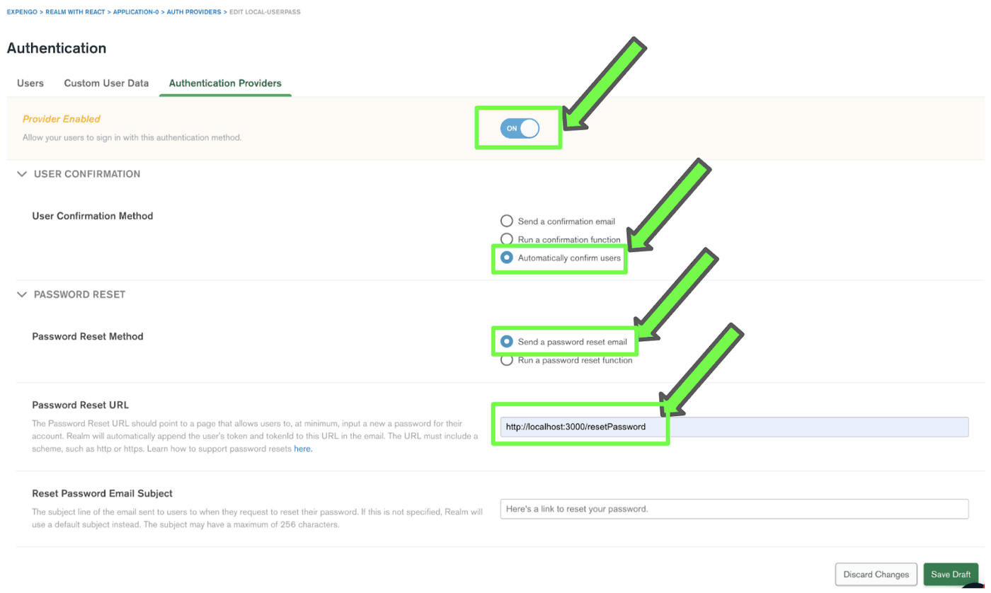 Defining authentication settings within Atlas App Services