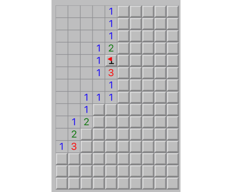 BoardView. A grid of tiles. Some tiles have been removed, revealing colored numbers. One tile contains a red flag