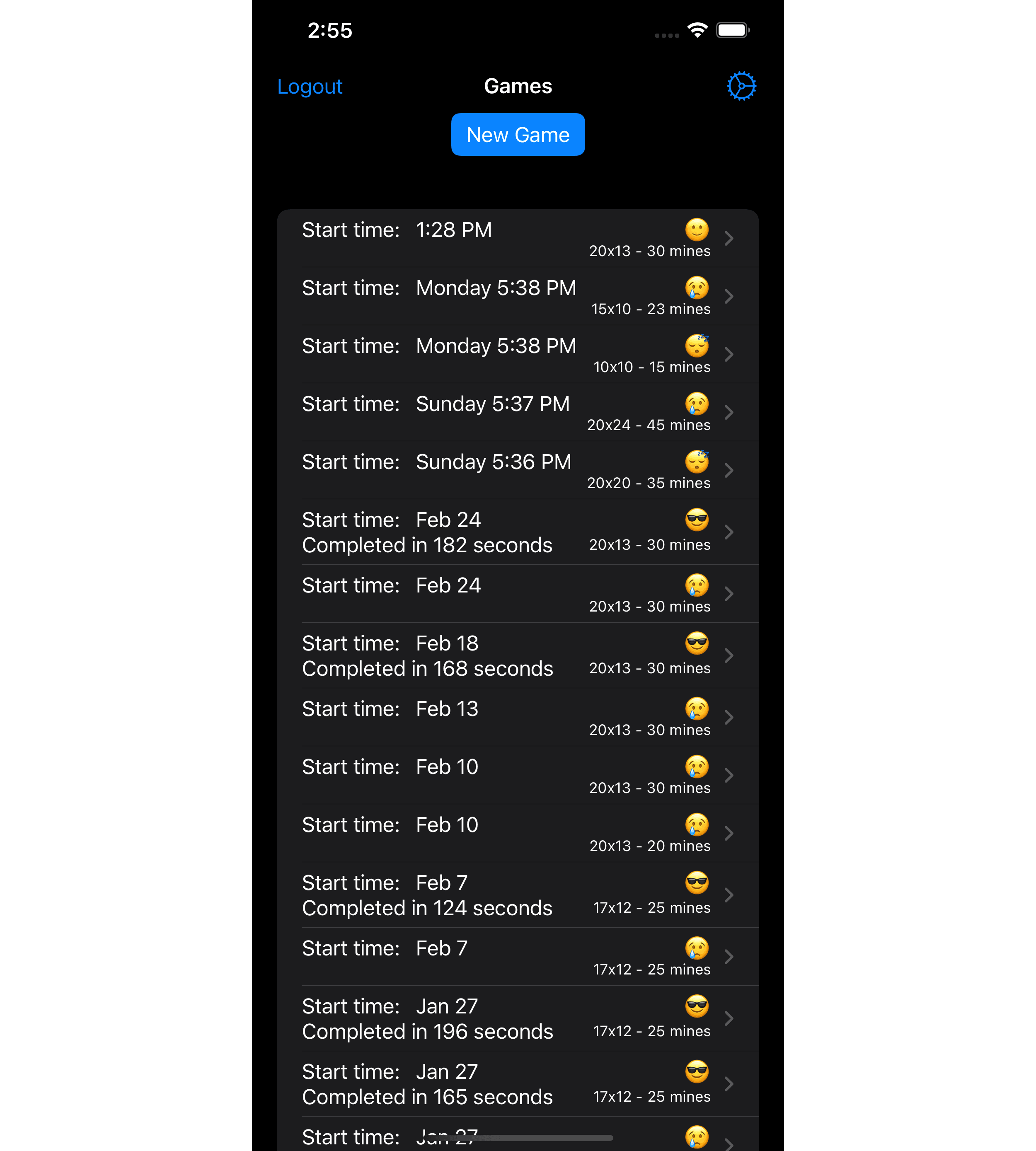 GameListView, Screen capture of a list of games, together with buttons to logout, set settings, or create a new game