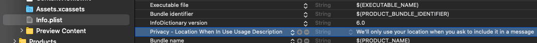 Screenshot from Xcode showing the key-value pair for requesting permission for the app to access the user's location