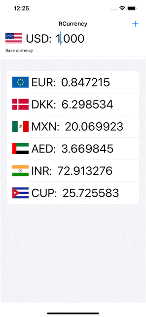 Animation of the RCurrency app running on an iPhone. Includes the user selecting currencies, changing amounts and observing the amounts changing for other currencies