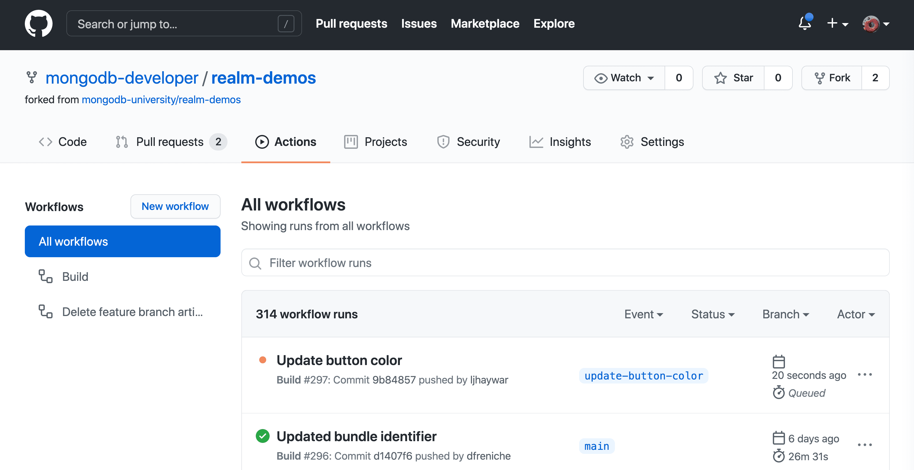 Screenshot of the GitHub Actions web interface after a push to a feature branch triggers a workflow