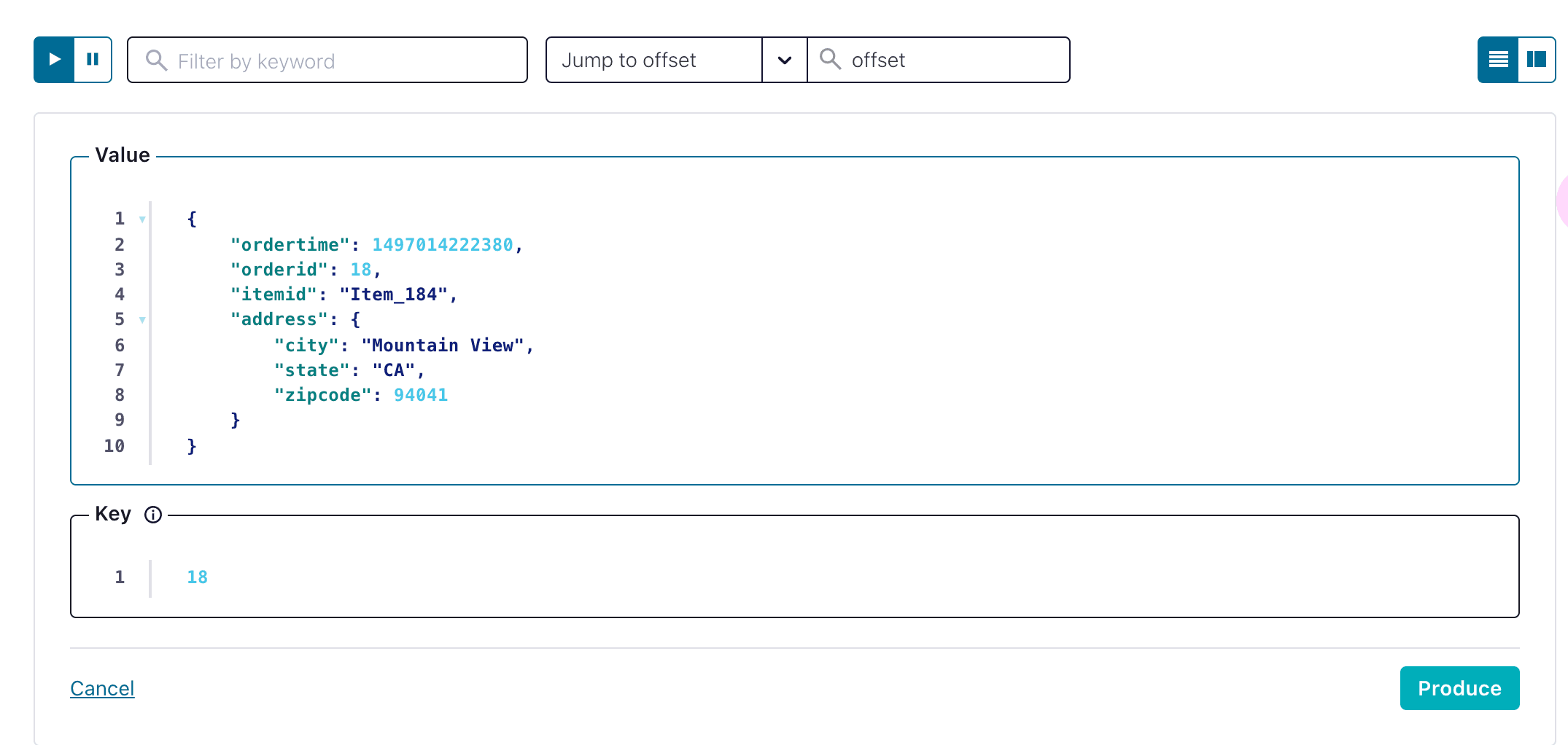 Produce data into "orders" topic