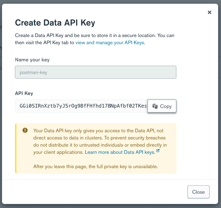 A screenshot showing the API Key creation modal from the Atlas UI