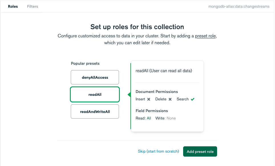 Screenshot of the rules UI in Atlas App Services