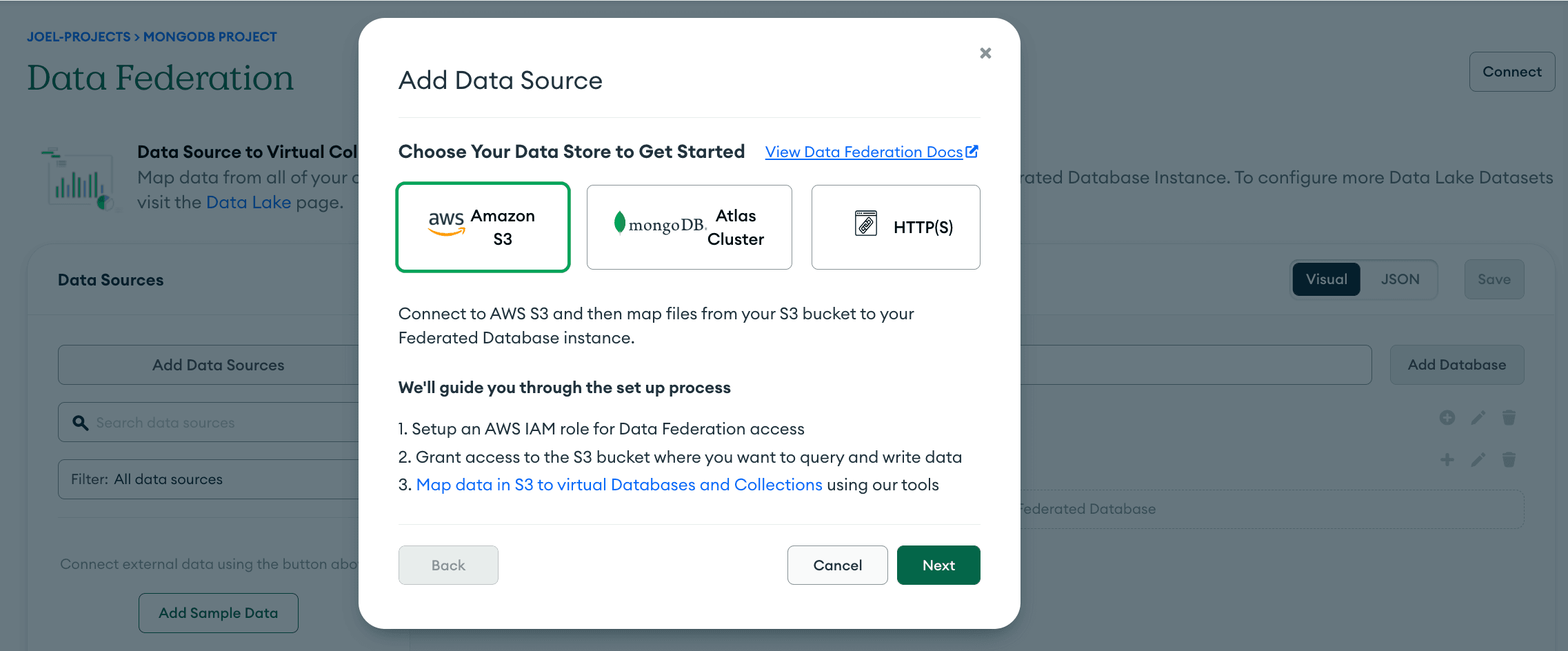 Screenshot of the add data source modal