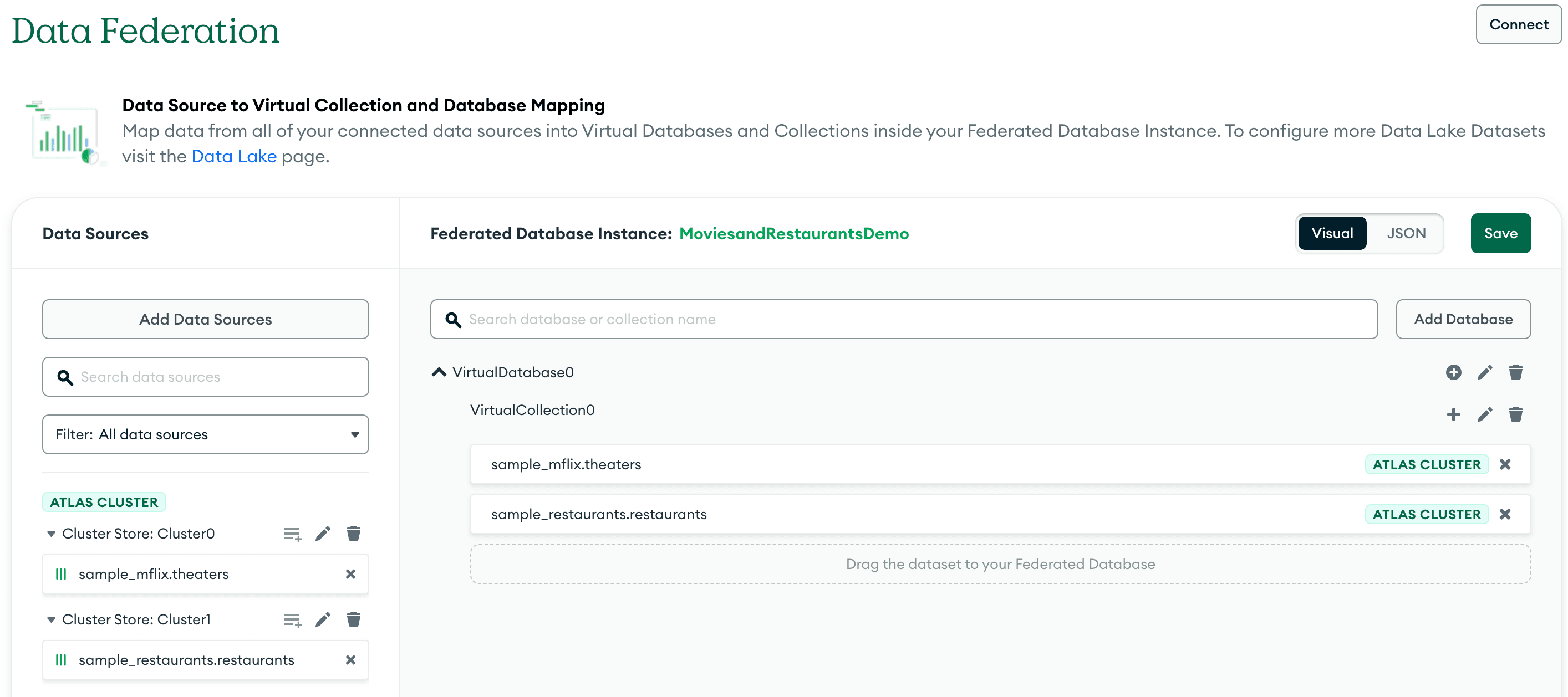 Screenshot from the MongoDB Atlas Data Lake overview page with a red box highlighting the data sources we created in the previous step and how I positioned them in the data federation.