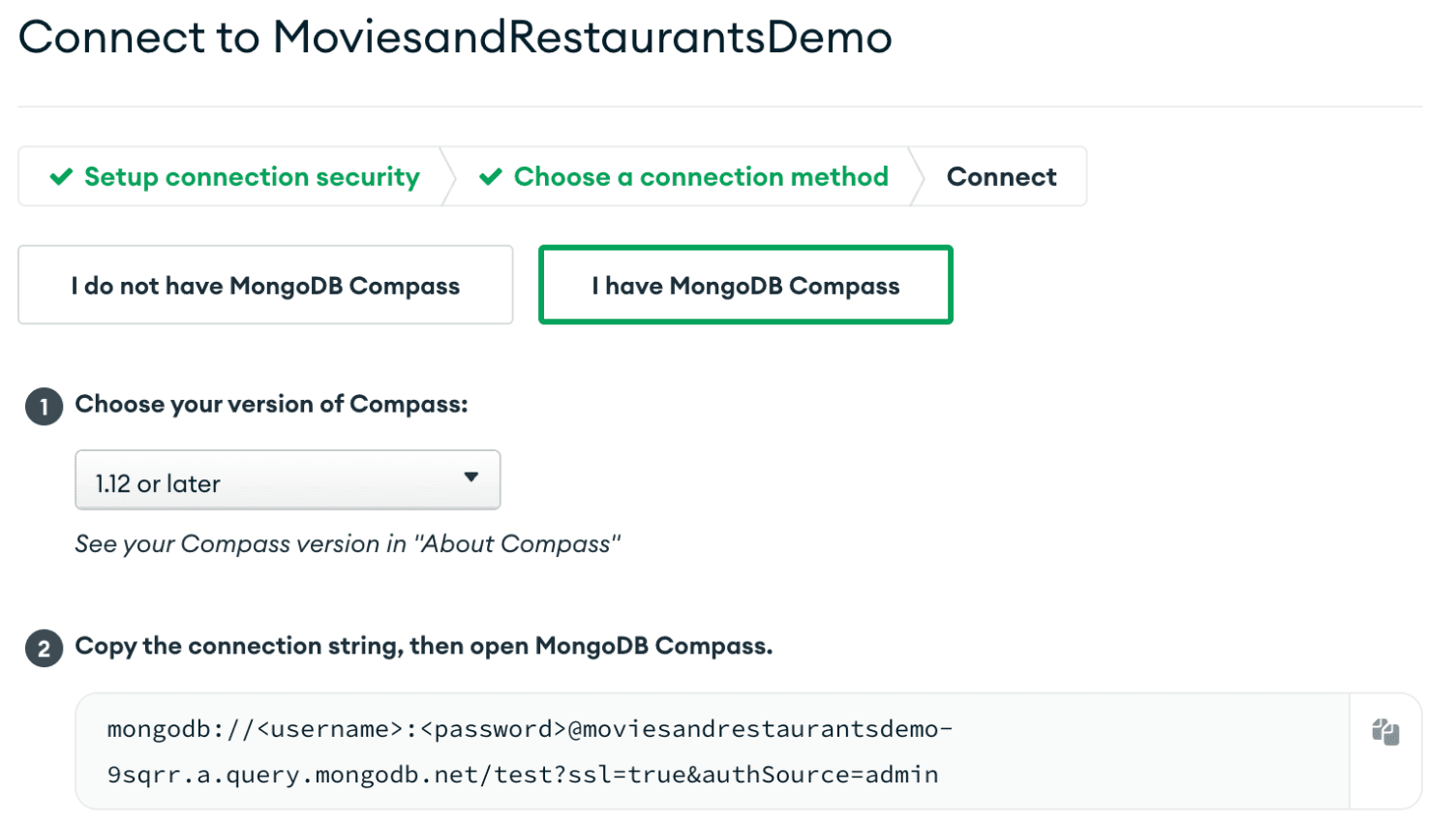 Screenshot from the MongoDB Atlas Data Federation connection modal with a red box highlighting your connection string that you will use to connect to your virtual database