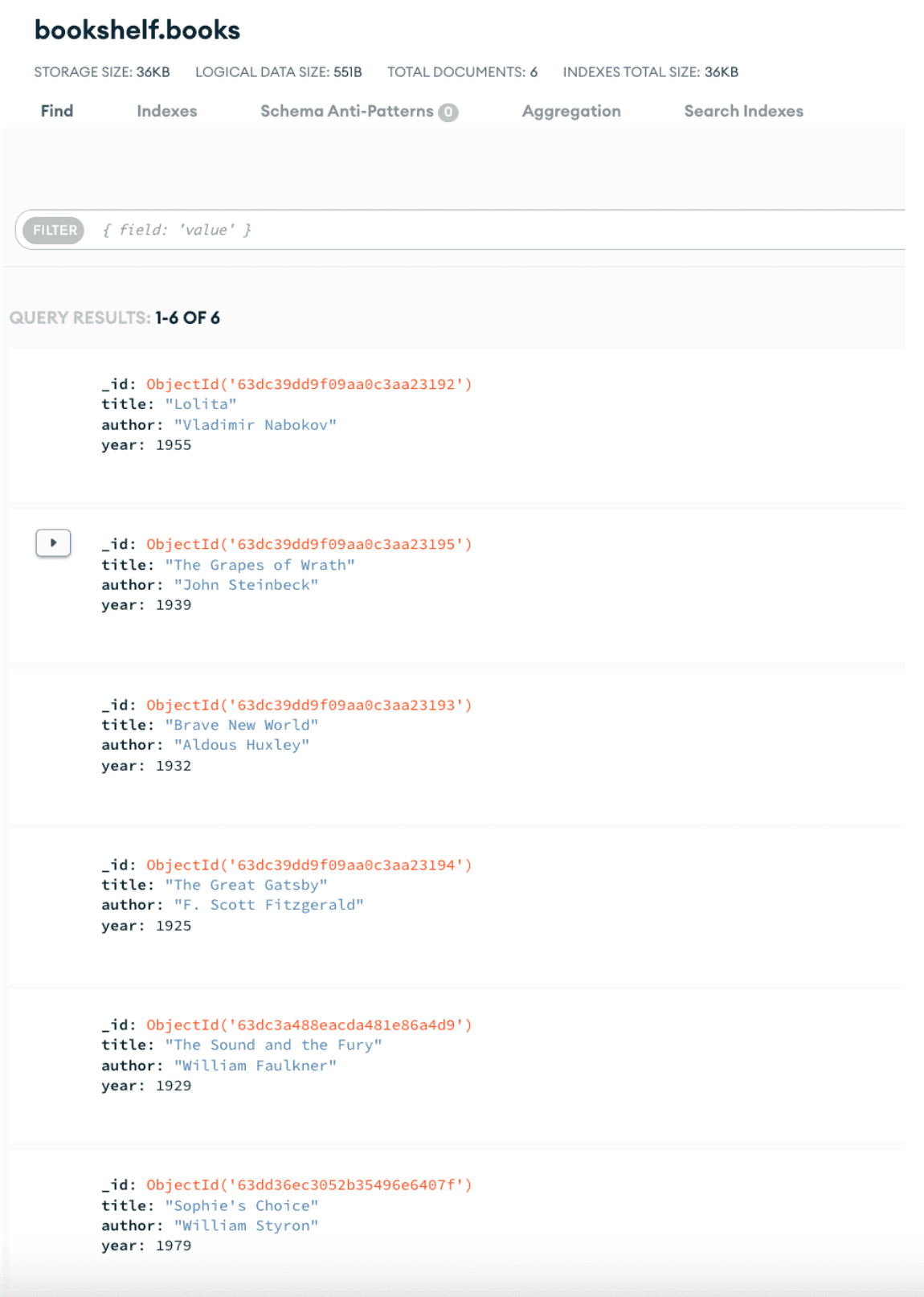 Texto alternativo: lista de livros em nosso cluster Atlas mostrado em nossa conta Atlas