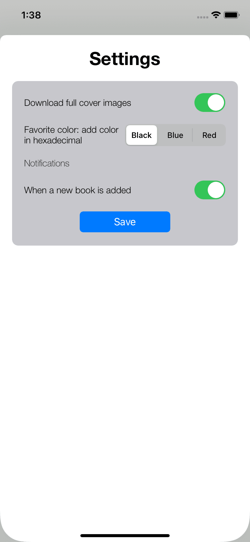 Setting view in the iOS app